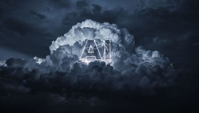 Glowing AI Letters Emerging Inside Thundercloud Pulsing with Electric Lightning at Night