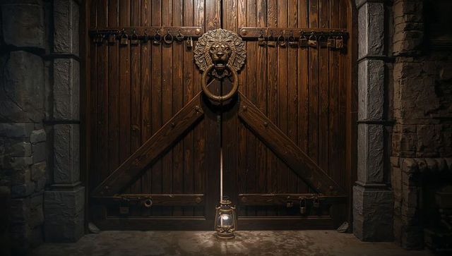 Lantern illuminating wooden double doors with lion-head knocker at stone gateway