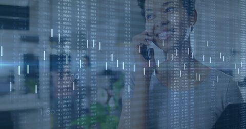 Businesswoman Engaging with Data via Smartphone and Digital Screen