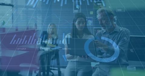 Business Team Collaborating Amidst Data Analytics Overlay