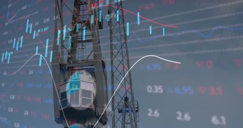 Financial data overlay on shipyard crane background