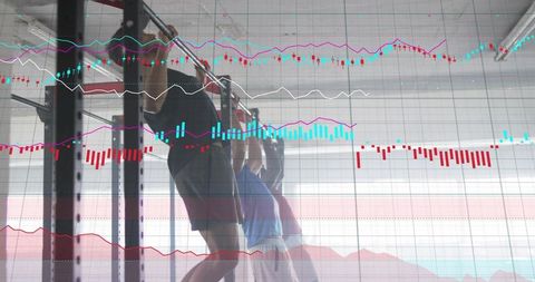 Men gripping pullup bar training in gym with financial market chart overlay