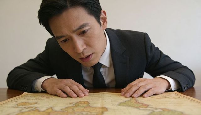 Asian businessman leaning over vintage map studying global strategy and focused planning