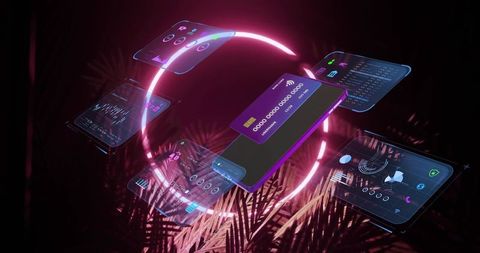 Futuristic mobile wallet floating with holographic payment card and neon interface panels