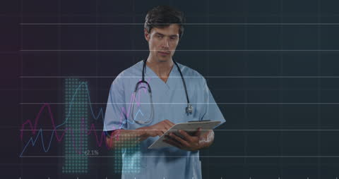 Doctor Analyzing Medical Data on Digital Interface Background