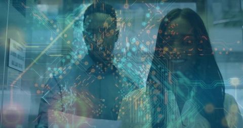 Digital Collaboration with Futuristic Technology Overlay in Office