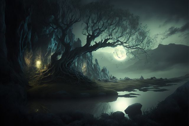 An ethereal scene depicting a glowing tree by the water under a full moon. The landscape has an eerie, mystical quality that is reminiscent of fantasy stories and surreal dreams, perfect for use in fantasy artwork, storytelling, book covers, or mystical themed designs. The dramatic contrast between dark shadows and the tree's glow exudes a magical, enchanting atmosphere.