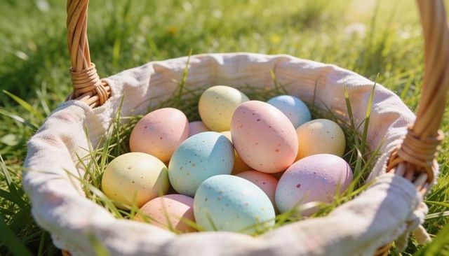 Wicker basket nesting pastel speckled easter eggs on sunlit meadow with linen liner