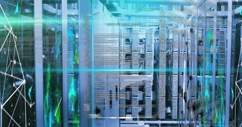 Glowing Teal Data Center Server Rack Aisle with Holographic Wireframe and Glitch Effects