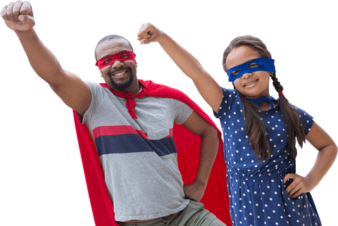 Happy Father and Daughter in Transparent Superhero Costumes