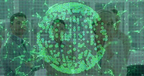 Business team analyzing holographic virus model in high-tech laboratory