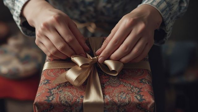 Elegant Hands Tying Ribbon on Patterned Gift Box