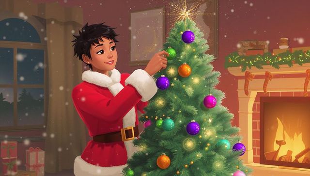 Festive Woman Decorating Christmas Tree at Home