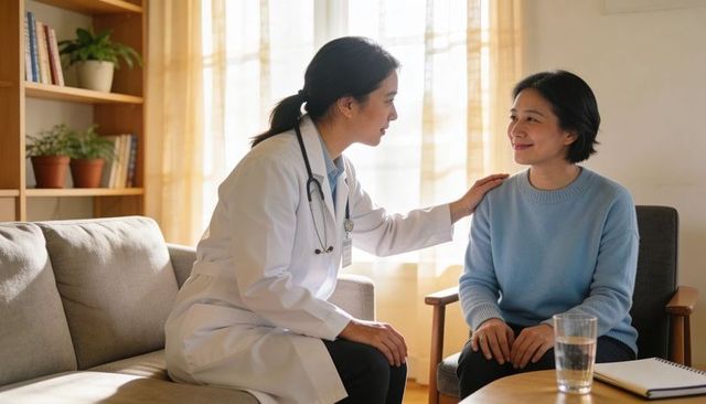 Doctor providing compassionate home consultation and emotional support for patient