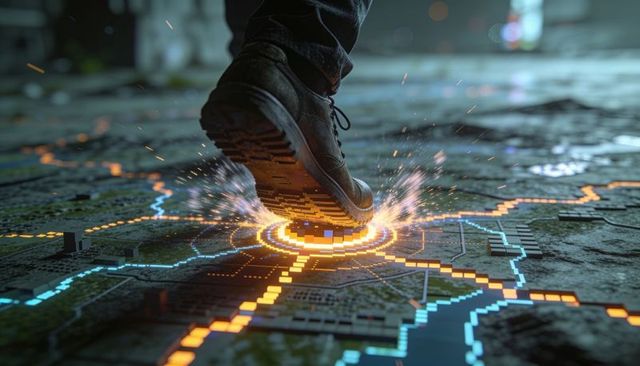 Stomping boot igniting glowing neon hub on digital city map with sparks and reflections