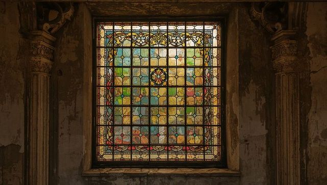 Historic gothic stained glass in ruined chapel with corinthian columns