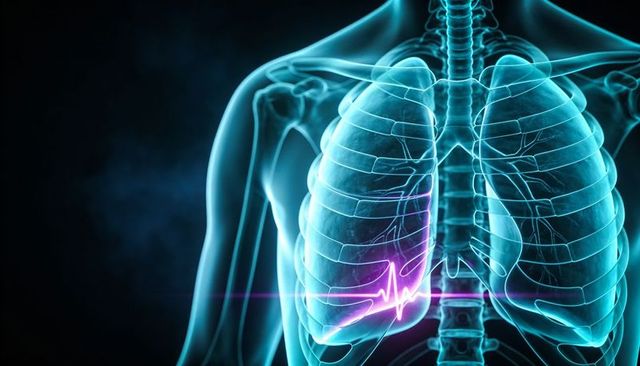 Translucent chest revealing lungs, ribcage and glowing ecg waveform in digital anatomy