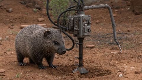 Wombat-like marsupial nosing drilling rig controls while probing shallow outback hole