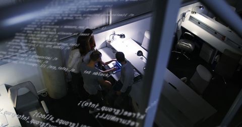 Data Overlay Photo: Professionals Discussing Analytics in Office