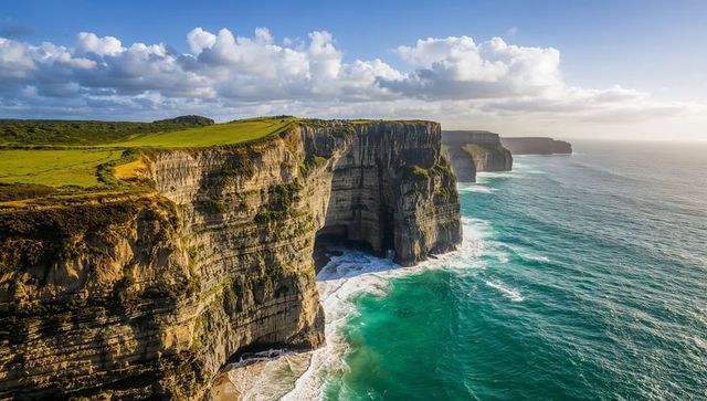 Dramatic stratified sea cliffs revealing recessed sea cave and turquoise ocean vista