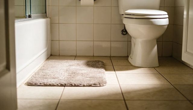 Sunlit tile bathroom with closed white toilet and plush bath mat near bathtub, vanity
