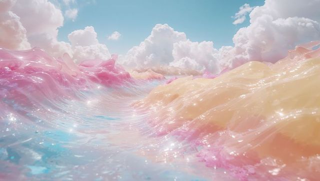 Glossy Pastel Waves Meet Soft Clouds in Dreamlike Landscape