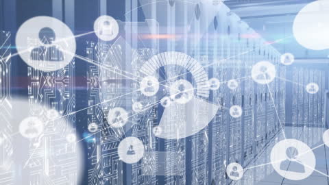 Futuristic Server Room with Networking and Digital Interface