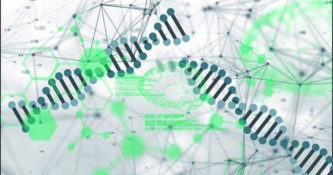Futuristic DNA Data Stream Overlaid on Neural Network Grid with Neon Green Hexagons