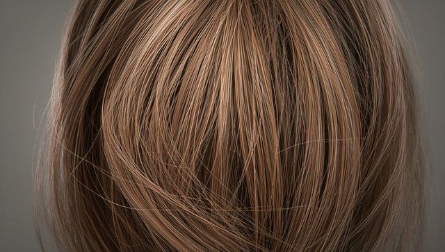 Closeup view of light brown hair crown with detailed strands, natural highlights and flyaways