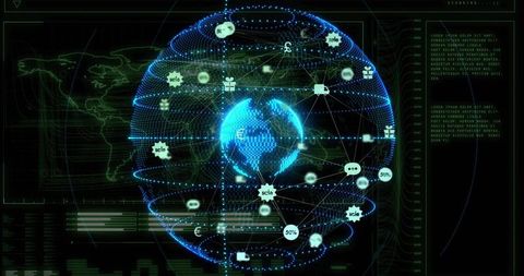 Holographic neon globe visualizing global logistics, finance and cyber network dashboard