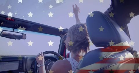 Patriotic Woman Driving Convertible Beach Adventure with USA Flags