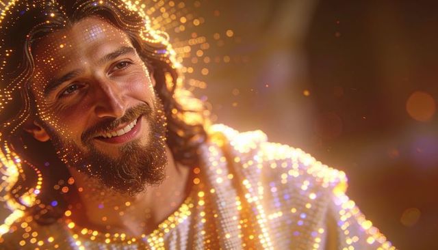Smiling bearded man wearing sequined robe, glowing golden halo and bokeh lights