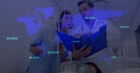 Asian Doctor Collaborating with Nurse in Hospital with Digital Data Overlay