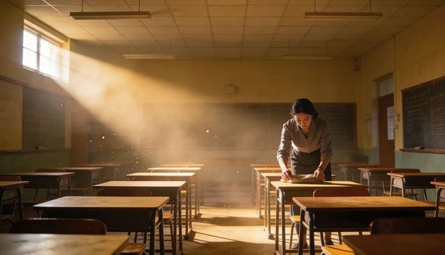Teacher arranging papers in sunlit classroom amid dust motes and empty wooden desks