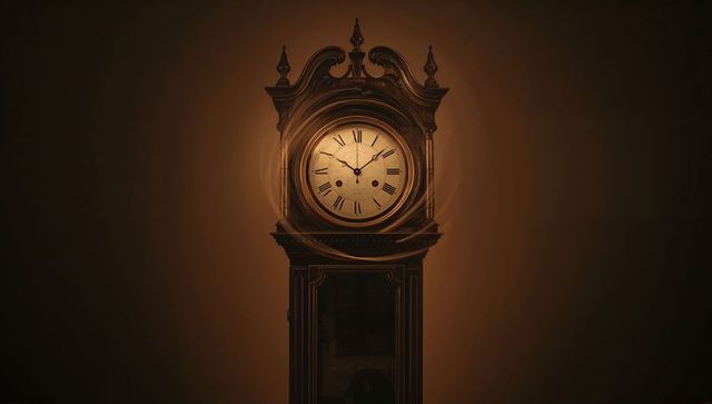 Antique Grandfather Clock Glowing in Dark Studio with Roman Dial and Ornate Woodwork Moody Lighting