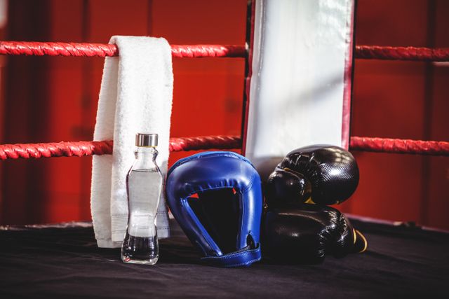 Boxing gear including gloves, headgear, a water bottle, and a towel placed in the corner of a boxing ring. Ideal for use in articles, blogs, or advertisements related to boxing, fitness training, gym equipment, and combat sports. Perfect for promoting sports gear, fitness routines, and gym memberships.