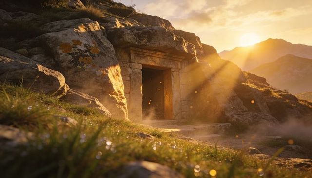 Sunlight streaming through ancient stone portal in mountain hillside at sunrise