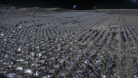 Lunar mirror farm harvesting sunlight with reflective domes and earthrise