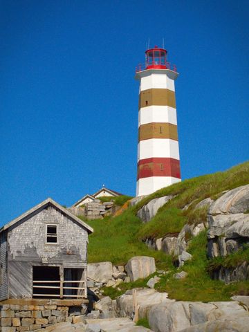 Sunny day view of striped lighthouse by rocky shoreline