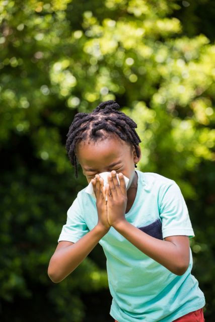 Young boy sneezing into a tissue while standing in a park on a sunny day. Perfect for illustrating concepts related to allergies, health, hygiene, and outdoor activities. Useful for educational materials, health campaigns, and articles about seasonal allergies.
