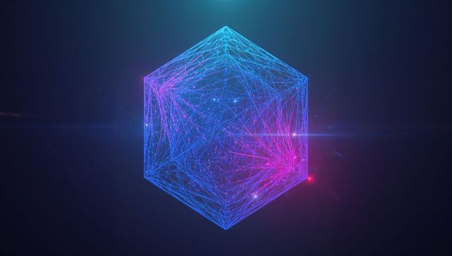 Glowing Neon Wireframe Polyhedron in Futuristic Virtual Space