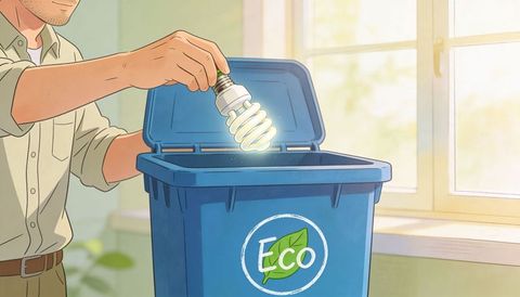 Man inserting glowing cfl bulb into eco recycling bin near sunlit window for safe disposal