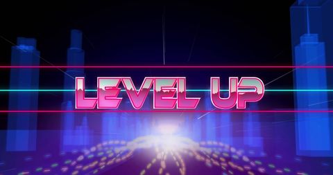 Level Up Concept with Neon Lights and Digital Cityscape