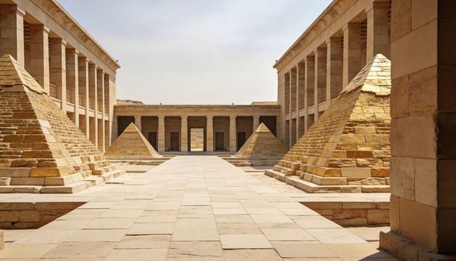Sunlit sandstone courtyard with stepped pyramids and colonnade leading to desert portal