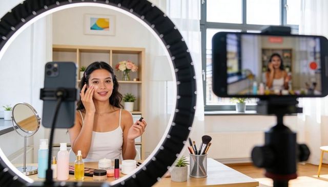 Asian beauty creator filming makeup tutorial with ring light, dual phones, makeup brushes