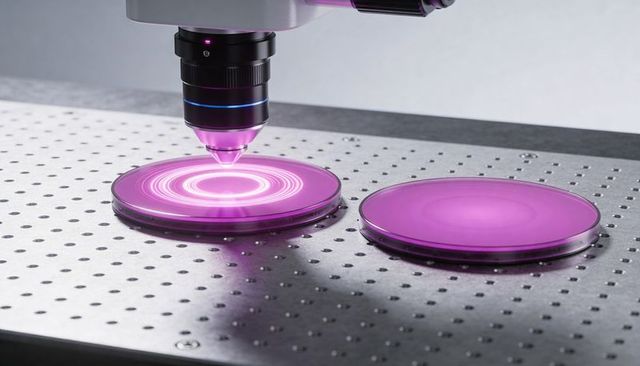 Laser scanning inspection of optical wafers showing magenta interferometric rings