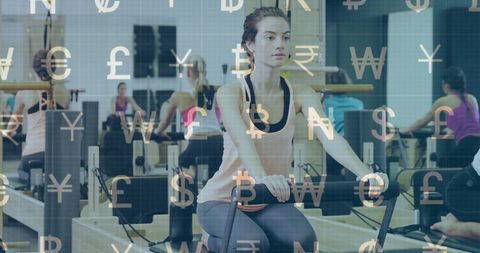 Woman Doing Pilates in Gym with Currency Overlay Art