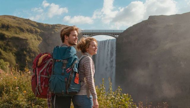 Young Couple Hiking Near Waterfall and Arch Bridge Wearing Backpacks and Smiling