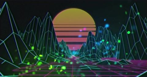 Futuristic Retro Neon Grid Landscape at Sunset
