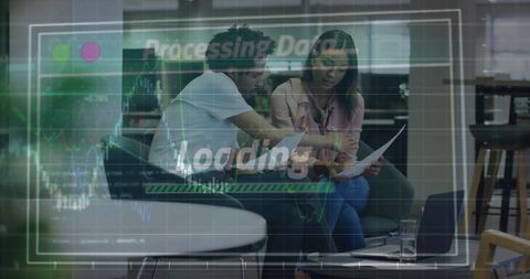 Diverse Professionals Analyzing Financial Data Overlay Graphics